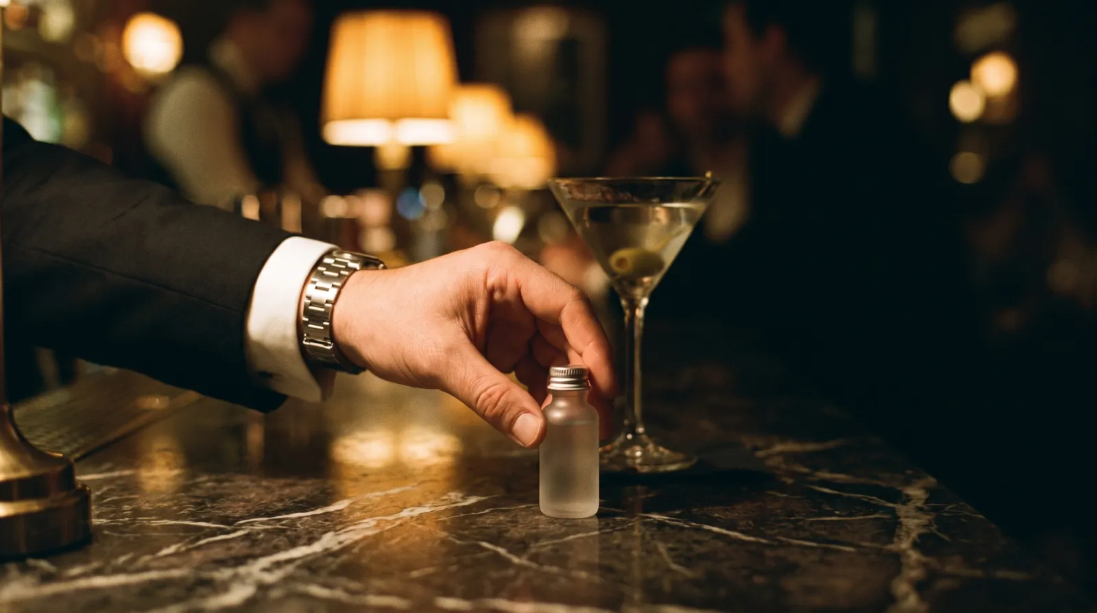 A hand in a tuxedo cuff sets an unmarked vial on a marble bar