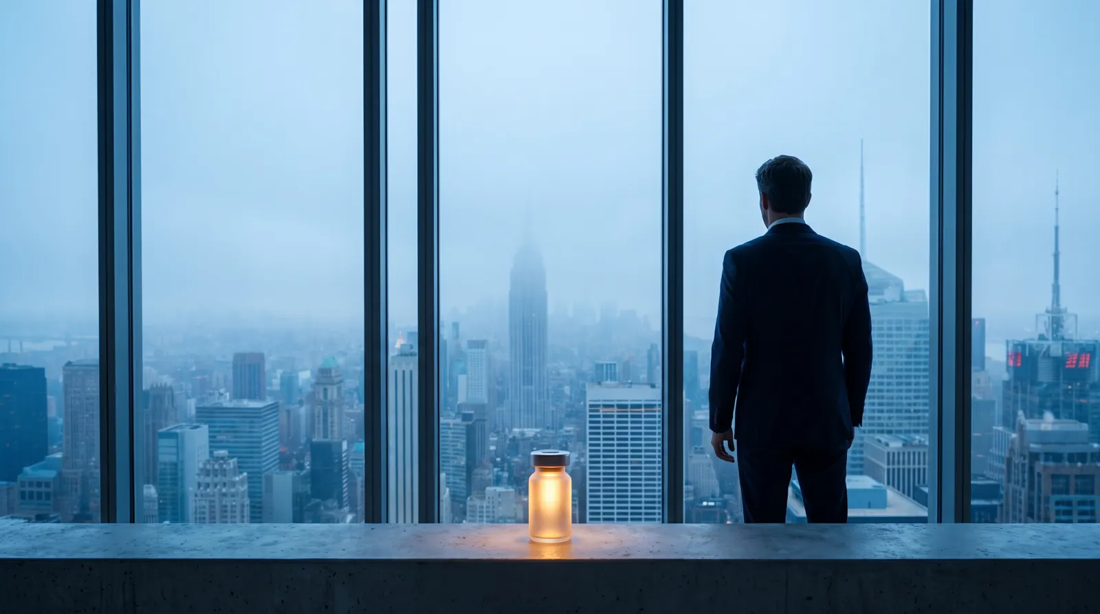A man in a dark suit at a high-rise window at dawn, one unmarked amber-lit vial on the sill